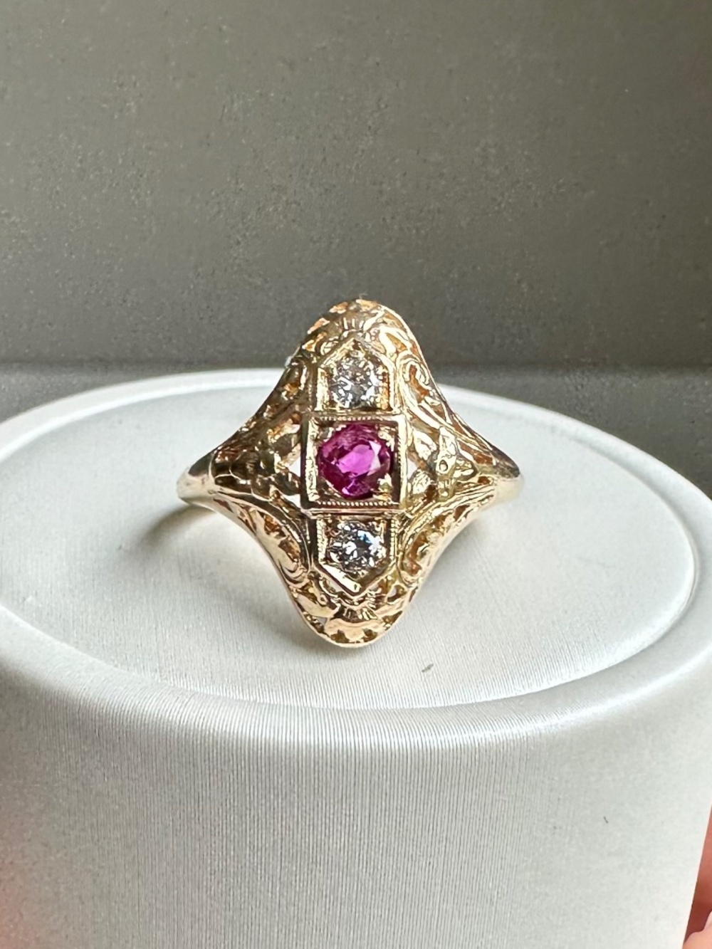 ✨ Vintage 1920s 14k Yellow Gold Ruby & Diamond Navette Filigree Ring ✨ size 6